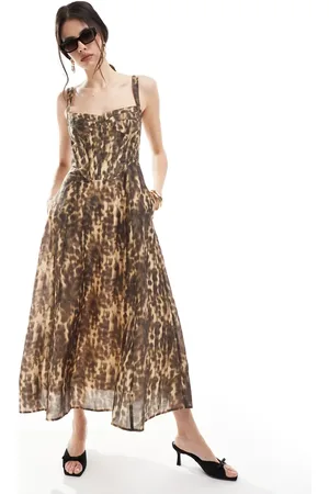 Bardot Skater-midikjole med korsetdetaljer og leopardprint-Multifarvet