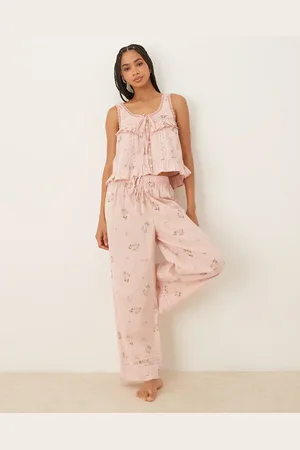 ASOS Lyserødt sæt med bukser og camitop med knapper og småblomstret print samt flæser-Ingen farve