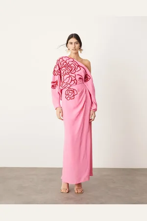 ASOS Løstsiddende midikjole med draperet skulder og tegnede blomsterbroderier i pink