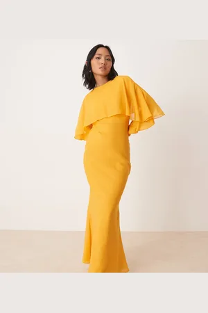 ASOS ASOS DESIGN Petite - Orange maxikjole med lange ærmer, flæser, skråsnit og kappe