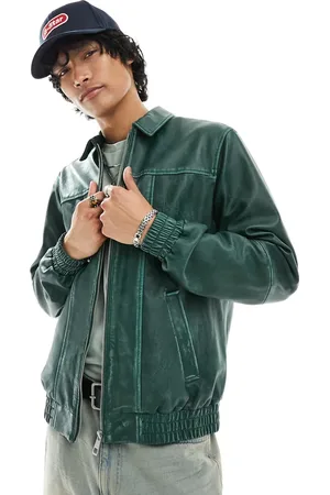 ASOS Oversized bomber-jakke med slid- og sømdetaljer i ægte, grønt læder