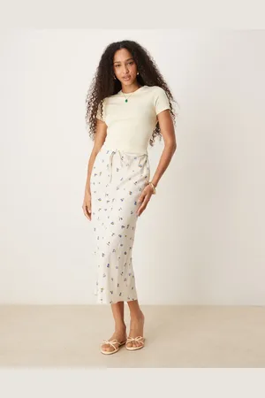 ASOS Stribet midinederdel med skråsnit i hørblanding-Multifarvet