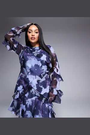 ASOS ASOS DESIGN Curve - Langærmet minikjole med flæser med rå kanter og blåt print-Multifarvet