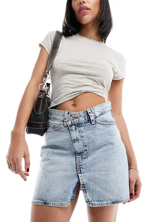 ASOS Mininederdel i denim med krydsfront i lys vask-Blå
