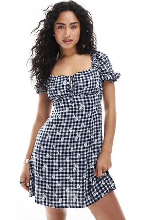 New Look Milkmaid-minikjole med blå gingham-tern