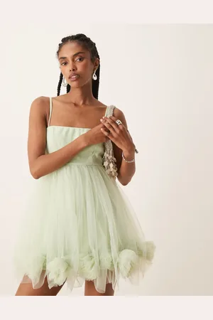 Lace & Beads Pistaciegrøn babydoll-minikjole med boblekant i tyl