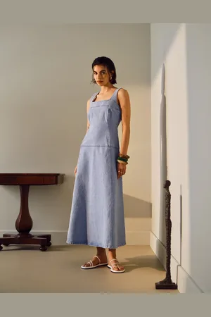 Topshop Afbleget og blå midikjole i denim med sænket talje