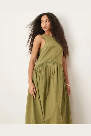 ASOS Olivengrøn smock-midikjole med halsudskæring og sænket talje