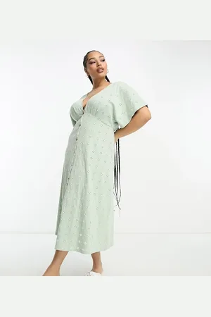 ASOS ASOS DESIGN Curve - Broderet midikjole med V-hals og knapper i salviegrønne og cremehvide kontraster
