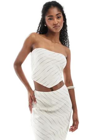 ASOS Beige bandeau-top i hørblanding med tørklædesnit og striber - Del af sæt-Multifarvet