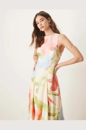 ASOS Ærmeløs midikjole med korset-talje og lyst blomstermønster-Multifarvet