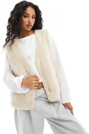Object Cremehvid jakke uden ærmer i teddy-fleece-Neutral