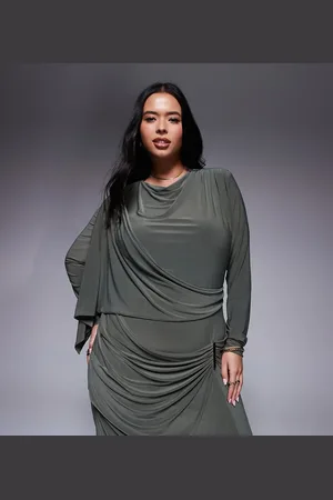 ASOS ASOS DESIGN Curve - Draperet og maxikjole med lange ærmer, indsyning på nederdelen og kantdetalje-Grøn
