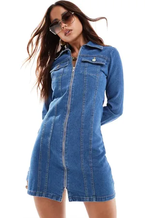 Miss Selfridge Skjortekjole i denim med lynlåsdetalje i mellemblå vask
