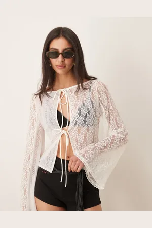ASOS Elfenbensfarvet 2-i-1 top i blondestof med lange trompetærmer og bindebånd på ryggen