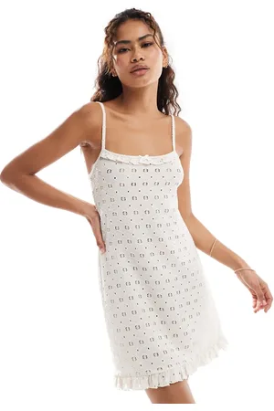 Miss Selfridge Cremehvid hæklet babydoll-minikjole i jersey