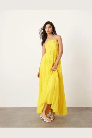 ASOS Gul maxikjole i satin med Cornelli-broderi og chiffonnederdel