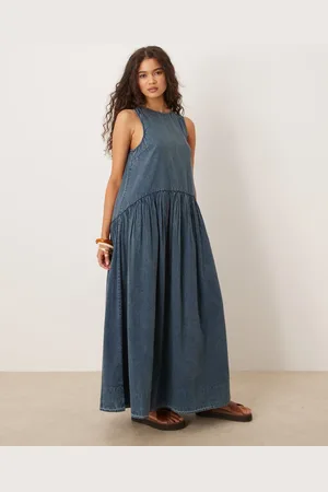 ASOS Vasket denimblå smock-midikjole med bred halsudskæring og sænket talje