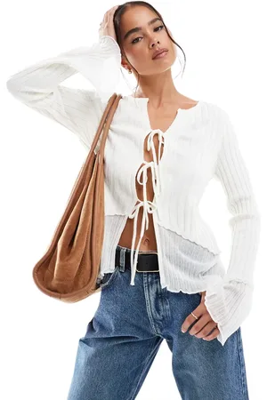 ASOS Cremehvid cardigan med bindebånd foran og gennemsigtig kant forneden