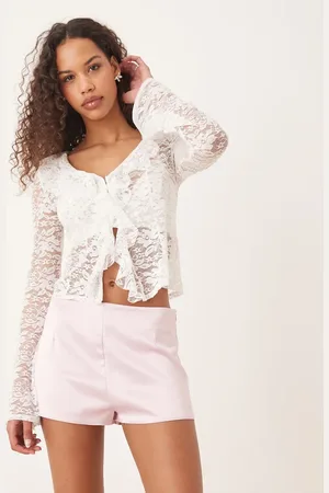 ASOS Gennemsigtig og langærmet blondetop med flæser og hægtelukning