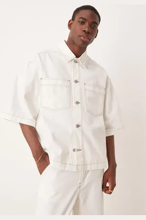 ASOS Ecrufarvet oversized denimskjorte med korte ærmer og påsyede lommer - Del af sæt-Hvid