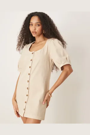 ASOS Minikjole med knapper og pufærmer i denim-Hvid