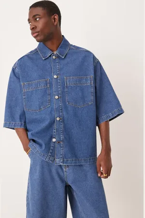 ASOS Oversized og kortærmet blå denimskjorte med påsyede lommer - Del af sæt