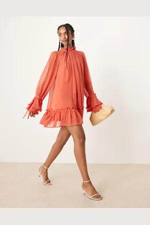 ASOS Brændt orange og lagdelt mini-kittelkjole med flæsemanchetter og satinsløjfer