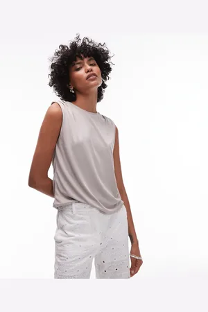 MANGO Beige blød T-shirt med rynket skulderdetalje-Brun