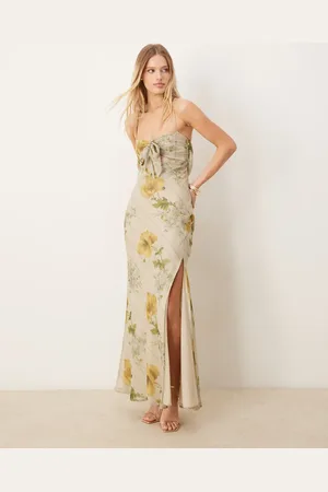 ASOS Maxikjole med sløjfe på brystet og gult blomstermønster i satin og chiffon-Multifarvet