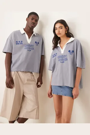 ASOS Disney - Unisex - Oversized polo-T-shirt med firkantet pasform, sænkede skuldre og blåt Mickey Mouse-print