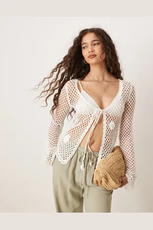 MANGO Og langærmet cardigan i bomuld med hæklet look, bindebånd fortil og rosedetaljer
