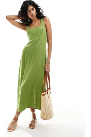 ASOS Kakigrøn midi-sundress med firkantet hals og bindebånd på ryggen i hør