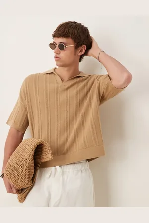 ASOS Oversized og ribstrikket poloskjorte med firkantet pasform, pointelle-syninger og halshak-Neutral