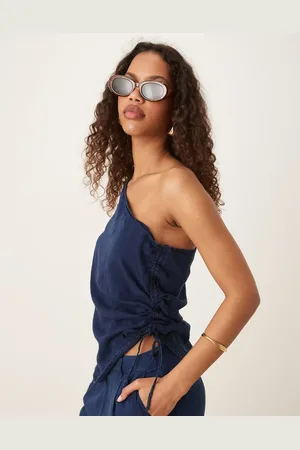 MANGO Indigoblå oneshoulder-top med indsyet talje i blødt denim - Del af sæt