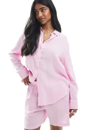 VERO MODA Lyserød og oversized skjorte med hørfinish - Del af sæt