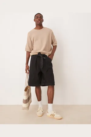 ASOS Lange denim-jorts i forvasket sort med plisseringer og bindebånd