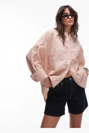 Topshop Ferskenfarvet og brun skjorte i tekstureret krølstof med striber-Orange
