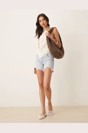 Abercrombie & Fitch Højtaljede dad-denimshorts i bleget vask med flosset kant forneden