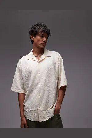 Topman Lys beige og oversized skjorte i jersey med blondedetaljer og knapper-Neutral