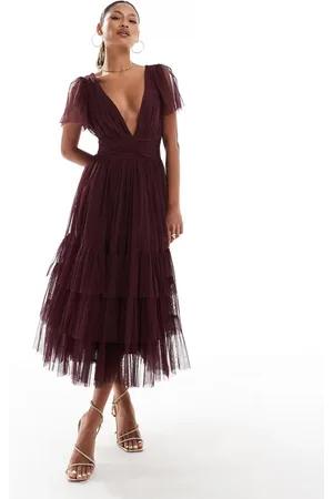 Lace & Beads Brudepiger - Madison - Bordeaux midikjole med V-hals i tyl-Rød