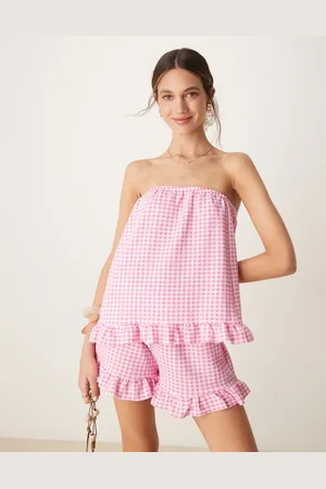 ASOS Pink bandeau-top med flæsekant og gingham-tern - Del af sæt