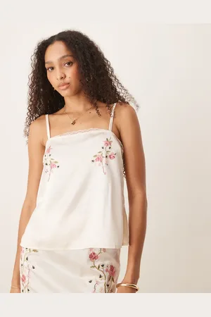 ASOS Cami-top med blomsterbroderier i satin - Del af sæt-Lyserød