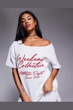 ASOS Weekend Collective - Gråmeleret og rød offshoulder-sweatshirt med tekstlogo - Del af sæt
