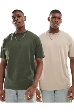 ASOS Essentials - Pakke med 2 afslappede T-shirts i grøn/beige-Multifarvet