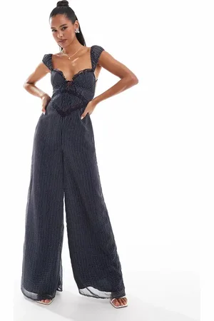 ASOS Sort prikket jumpsuit med blondeindsatser og korsetdetaljer-Blå