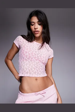 ASOS Pink halvgennemsigtig baby-T-shirt med korte ærmer i blondestof-Lyserød