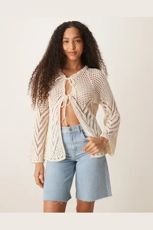 ASOS Ecrufarvet hæklet cardigan med bindebånd foran-Hvid