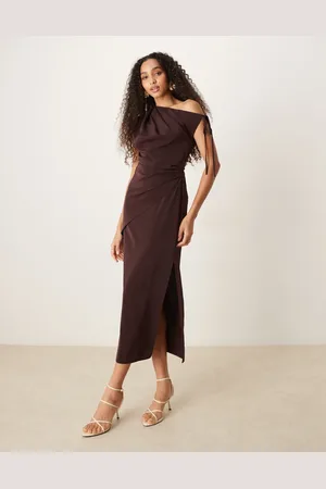 ASOS Chokoladebrun tætsiddende oneshoulder-midikjole med bindebåndsdetalje