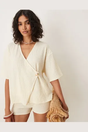 ASOS Cremehvid skjorte med tekstur og skalformet knap - Del af sæt-Blå